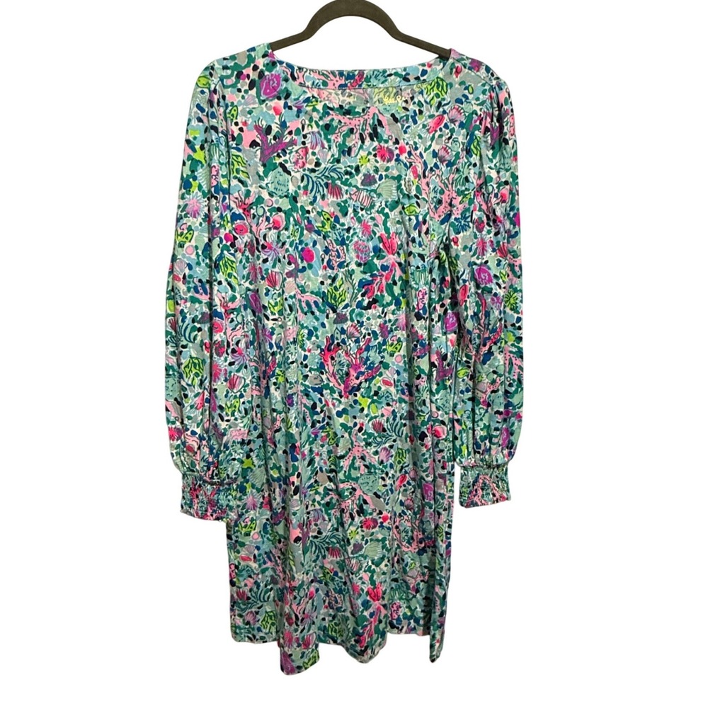 Lilly Pulitzer Diann Shift Dress Womens Large Floral Long Smocked Sleeve Preppy - Picture 1 of 6